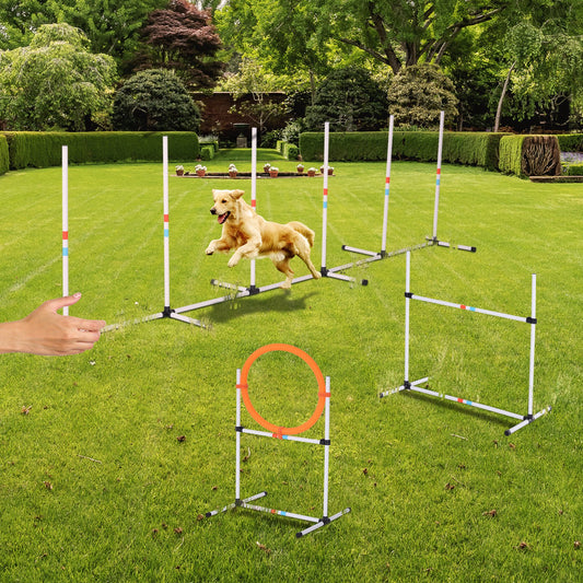 Portable Dog Agility Training Set with Jumping Ring and Weave Poles