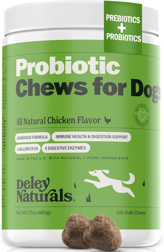 Deley Naturals Dog Probiotic Chews - 4 Billion CFU Probiotics for Dogs with Digestive Enzymes & Prebiotics - Grain Free Soft Chews for Gut Health & Digestive Support - 120 Chicken Chews Made in USA